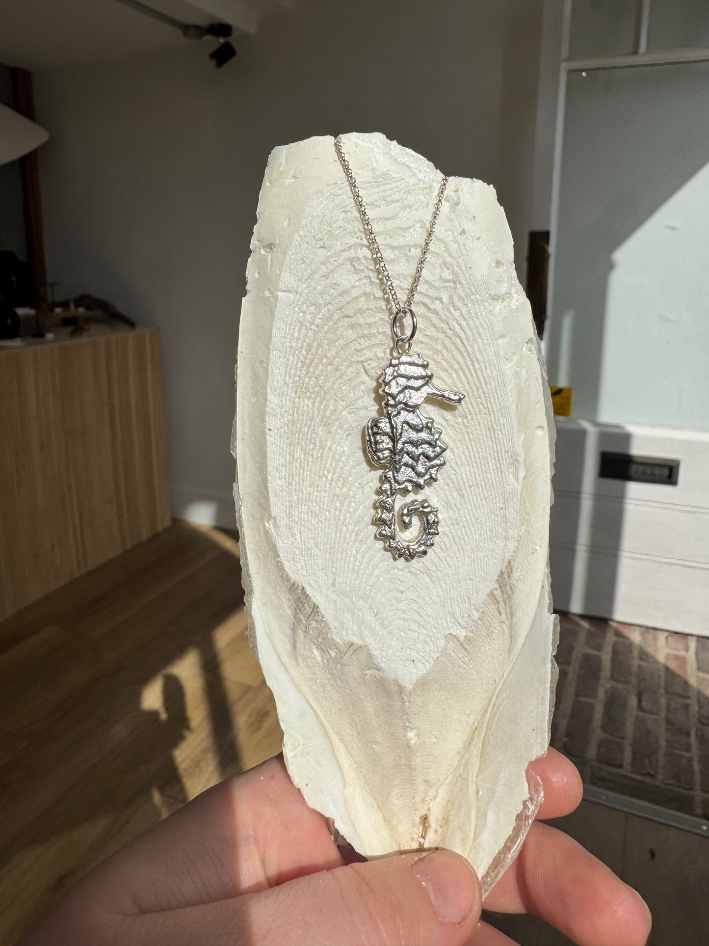 Cuttlefish casted Sterling silver handmade seahorse necklace