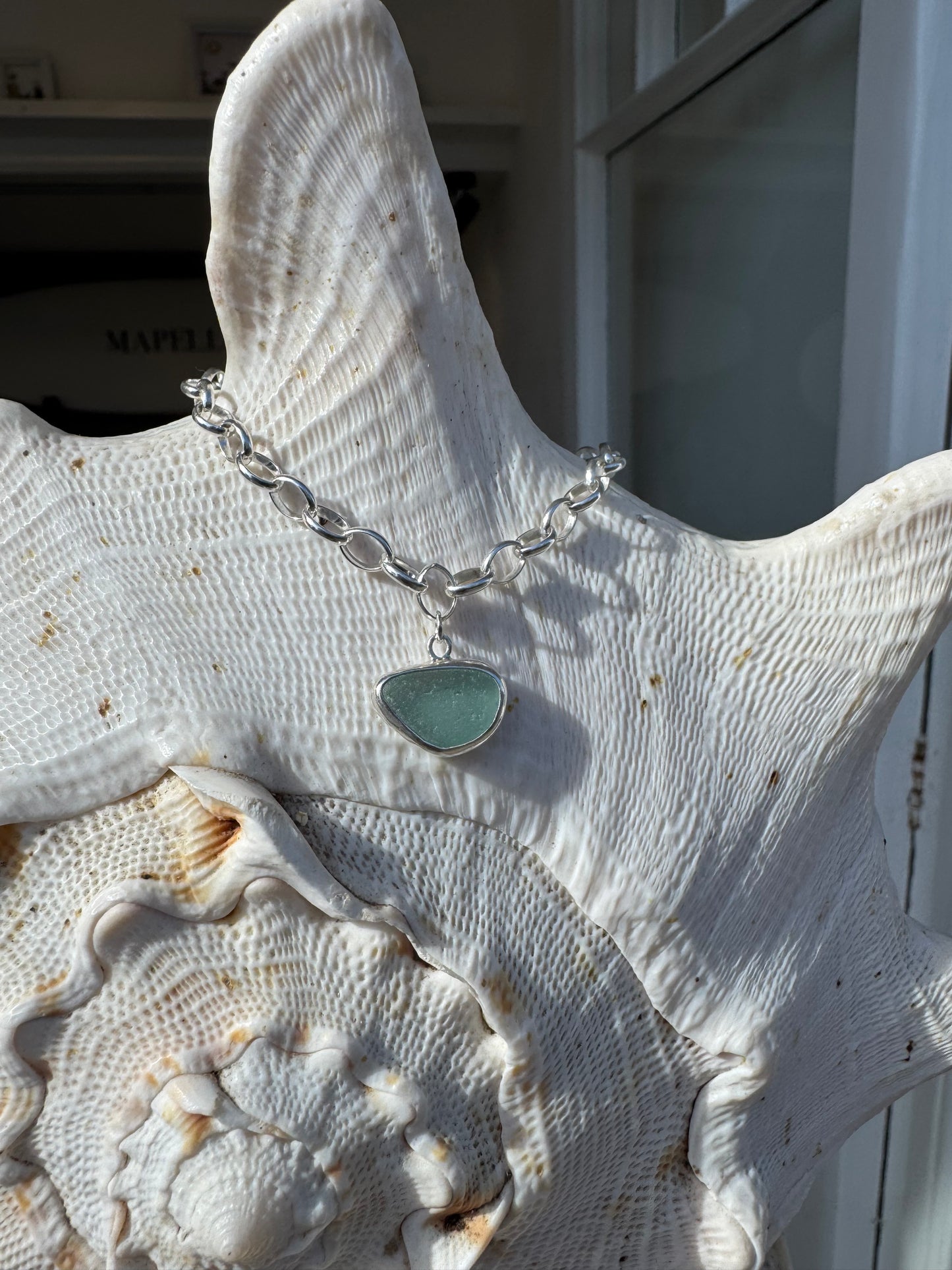 Handmade sterling silver sea glass bracelet, aqua colour