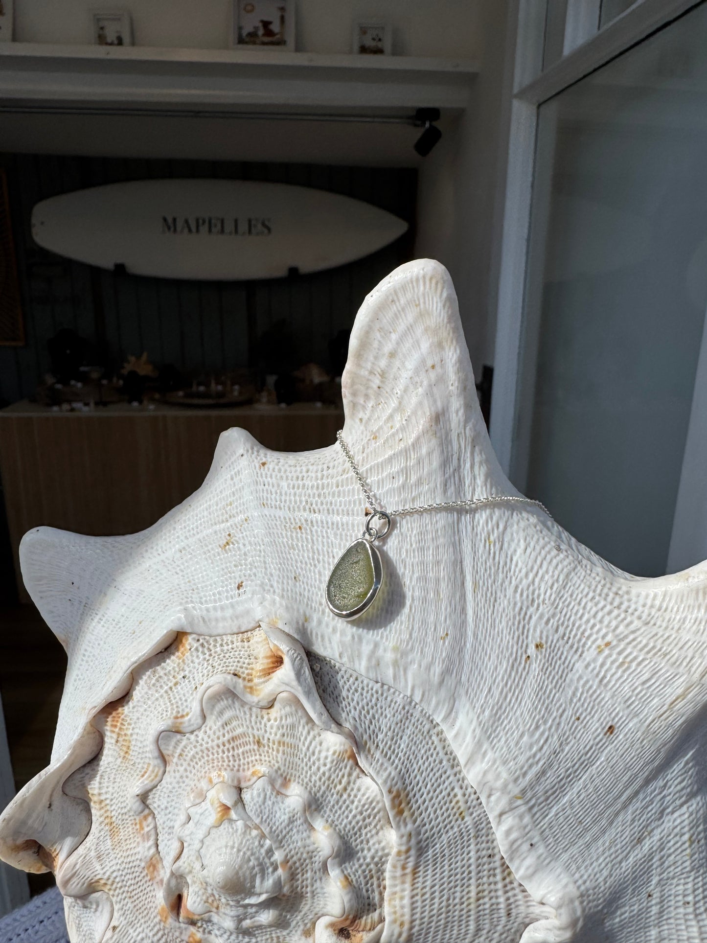 Handmade starting silver green sea glass necklace