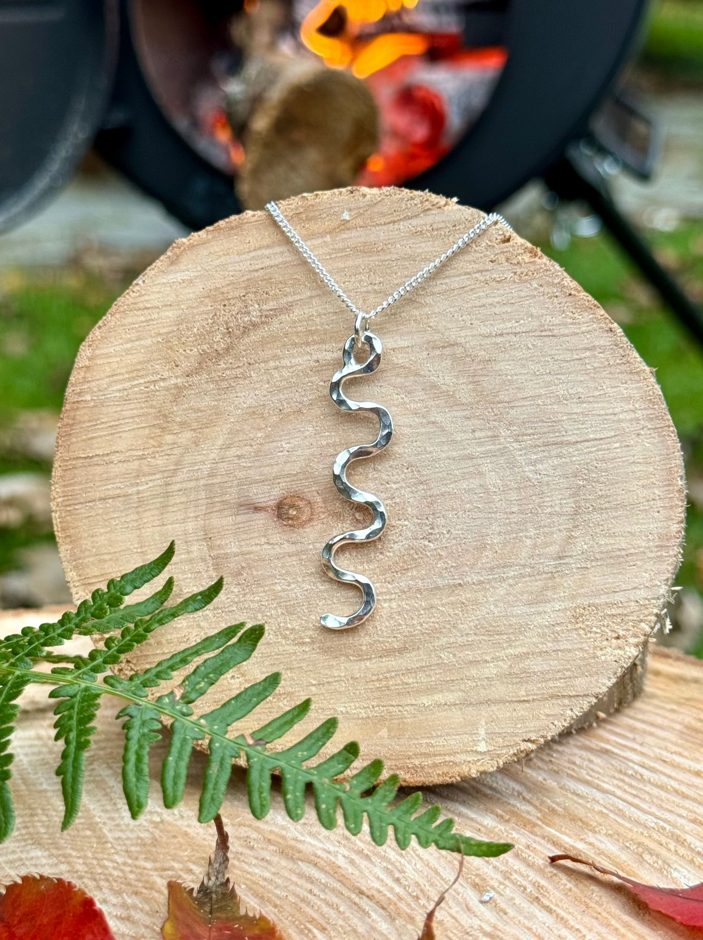 handmade sterling silver textured necklace side view
