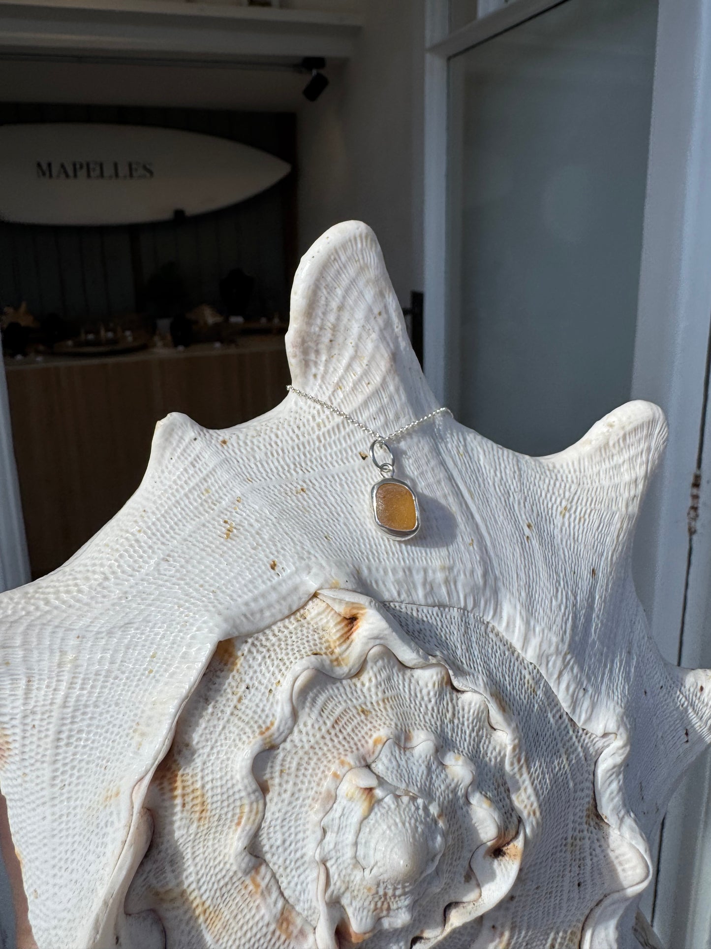 Handmade sterling silver sea glass necklace, Amber