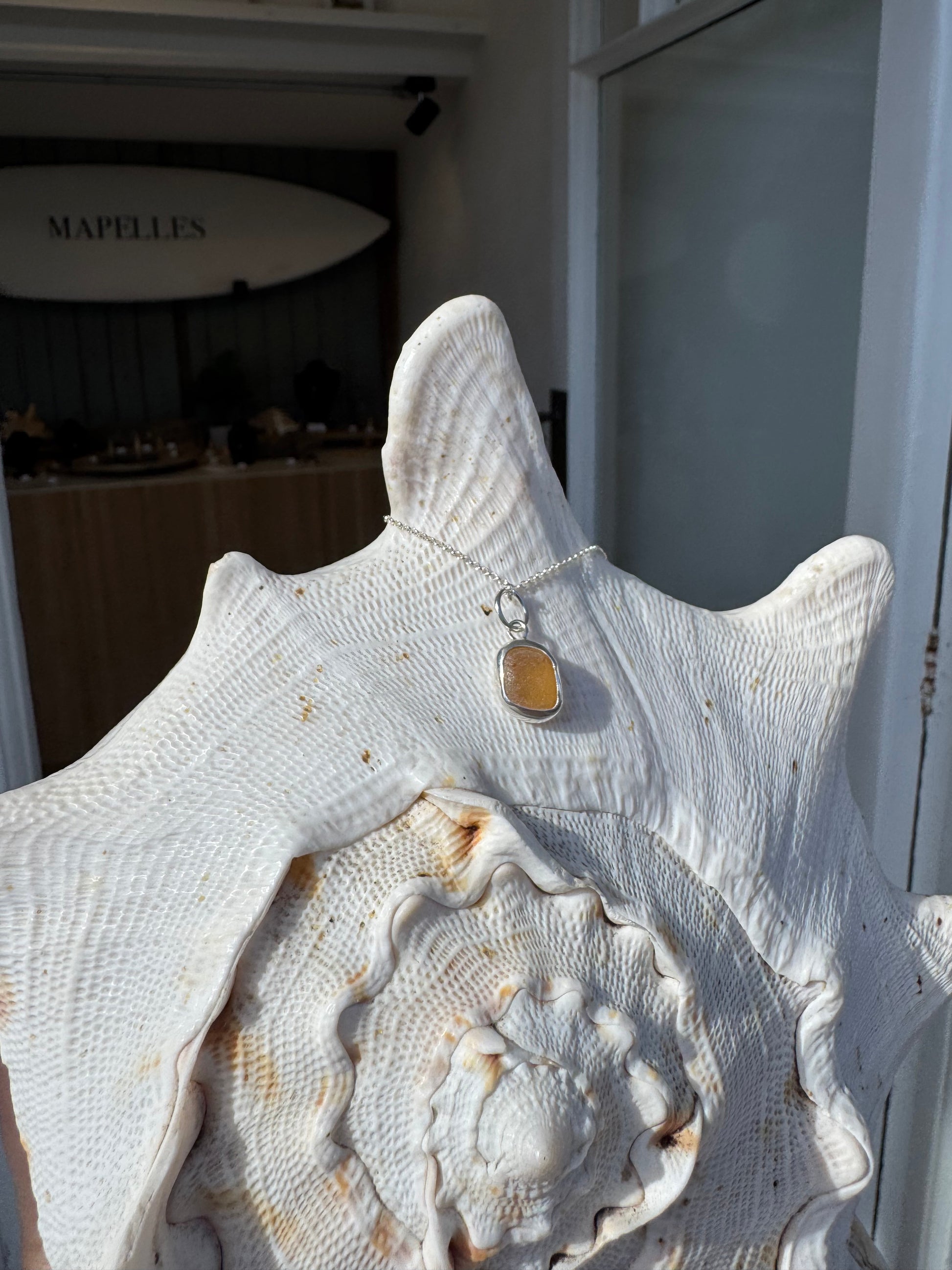 Handmade sterling silver sea glass necklace, Amber