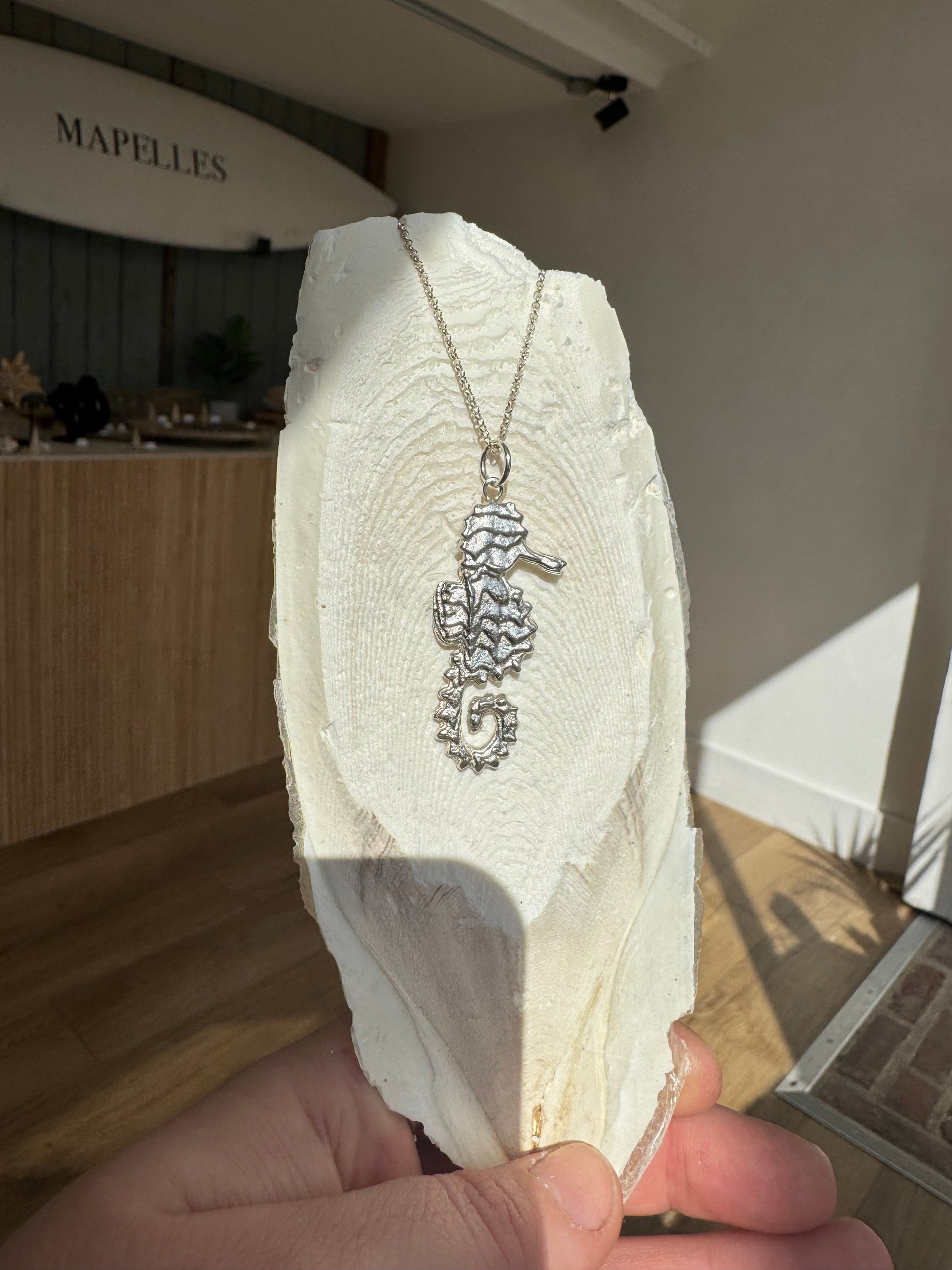 Cuttlefish casted Sterling silver handmade seahorse necklace