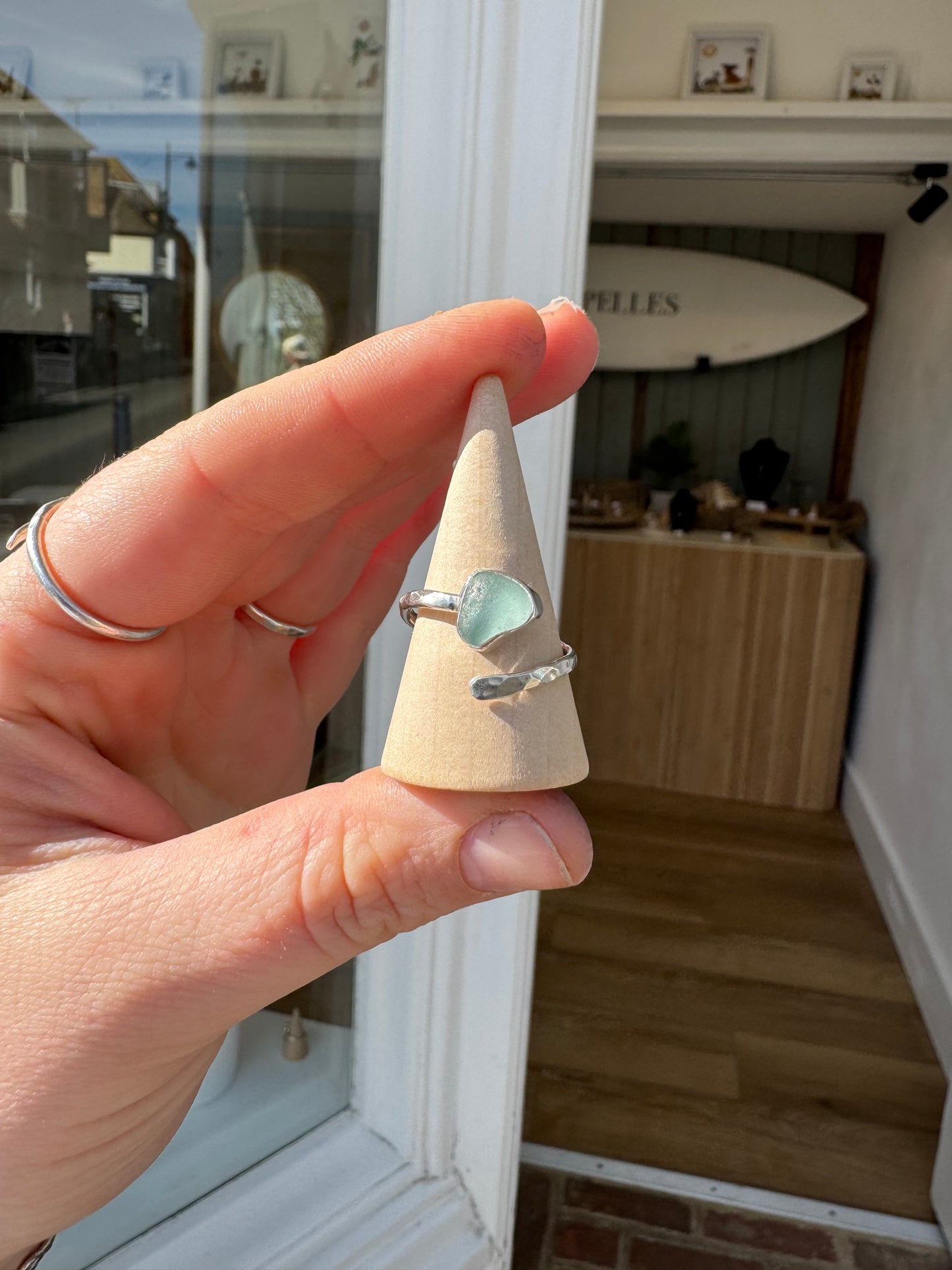 Handmade sterling silver sea glass blue ring 