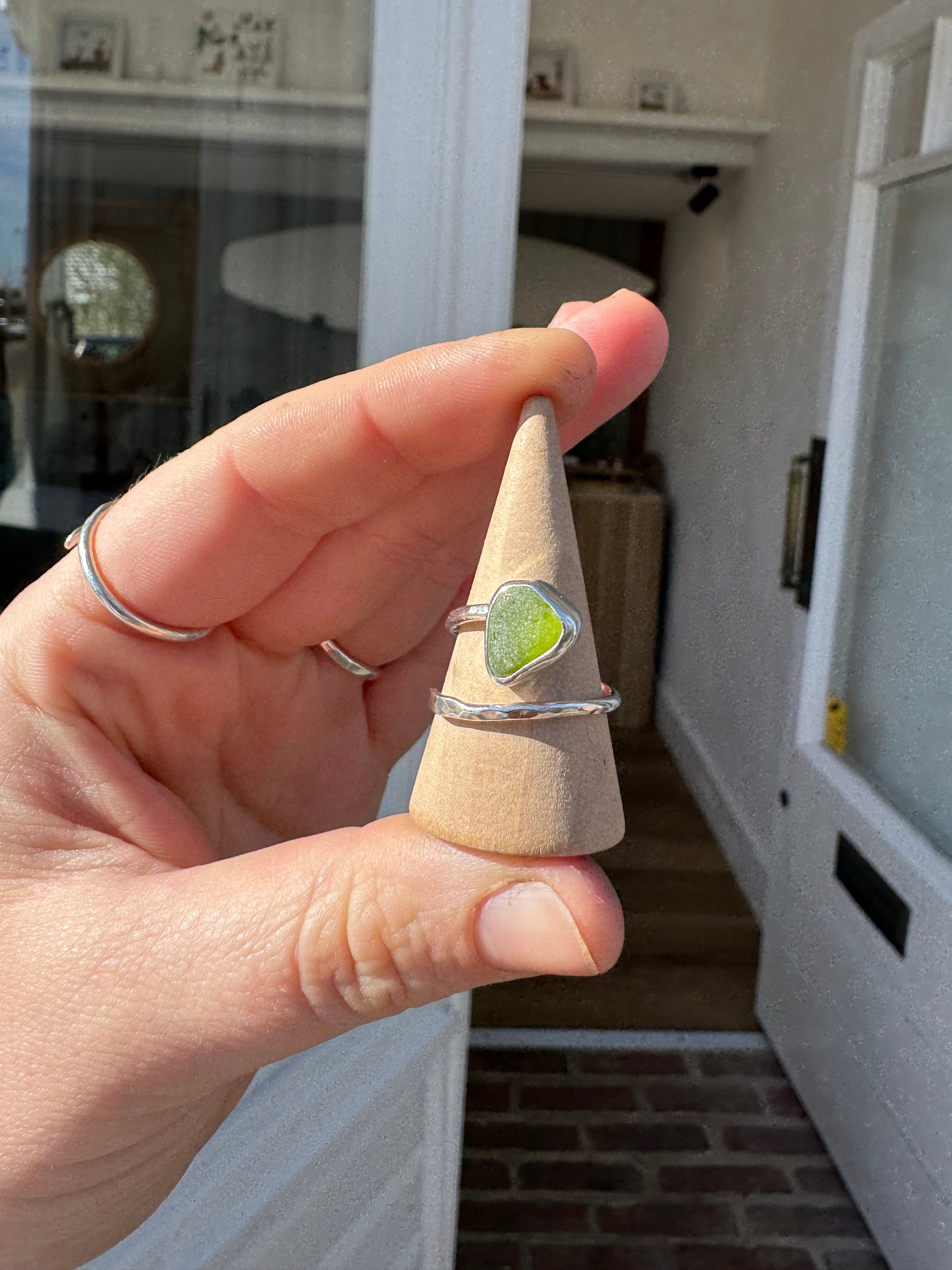 Bright green sea gloss ring handmade sterling silver handmade jewelry