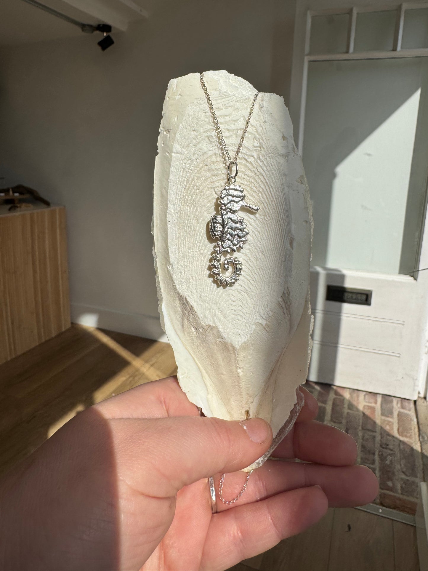 Cuttlefish casted Sterling silver handmade seahorse necklace