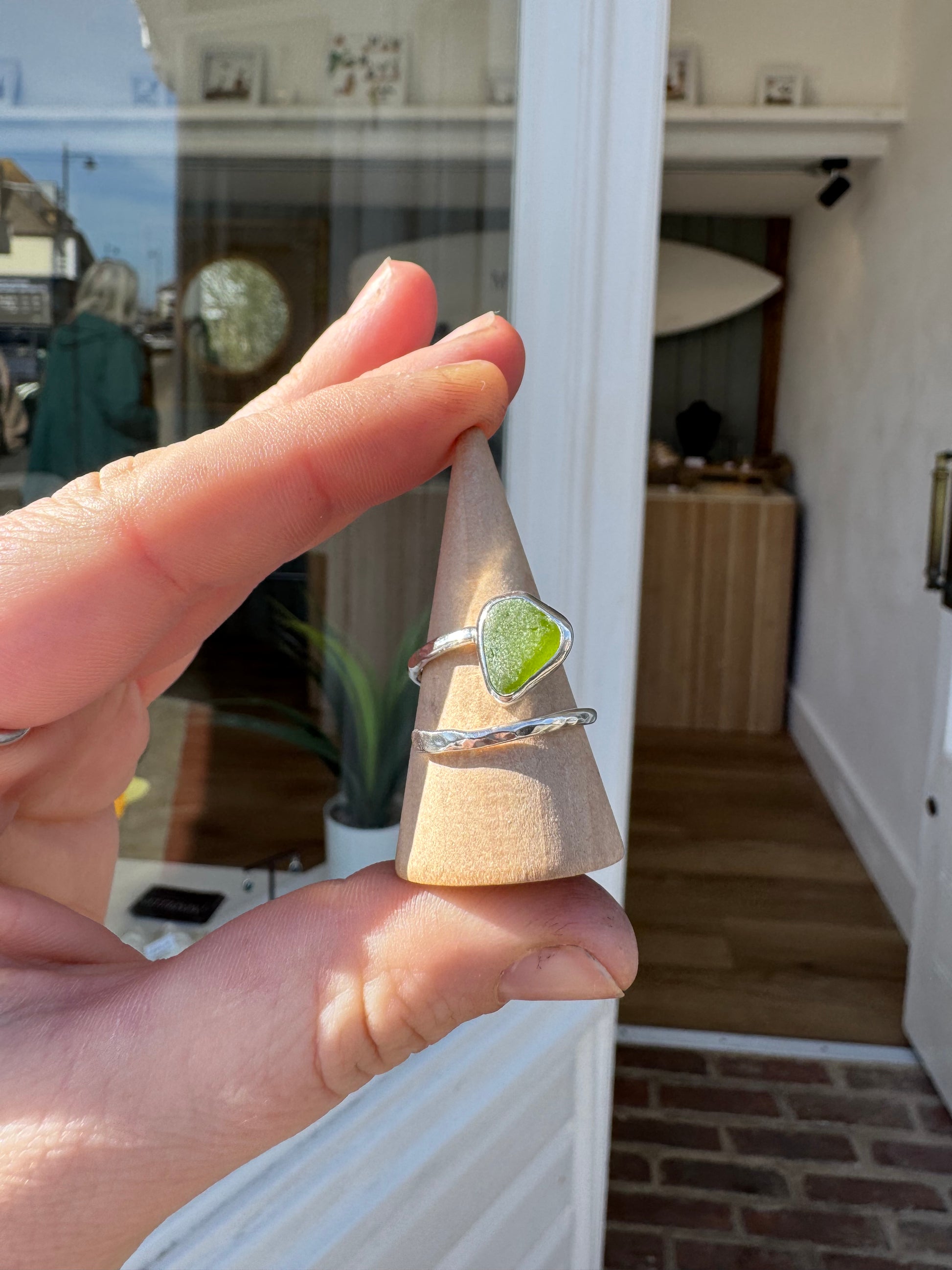 Handmade sterling silver green sea glass ring