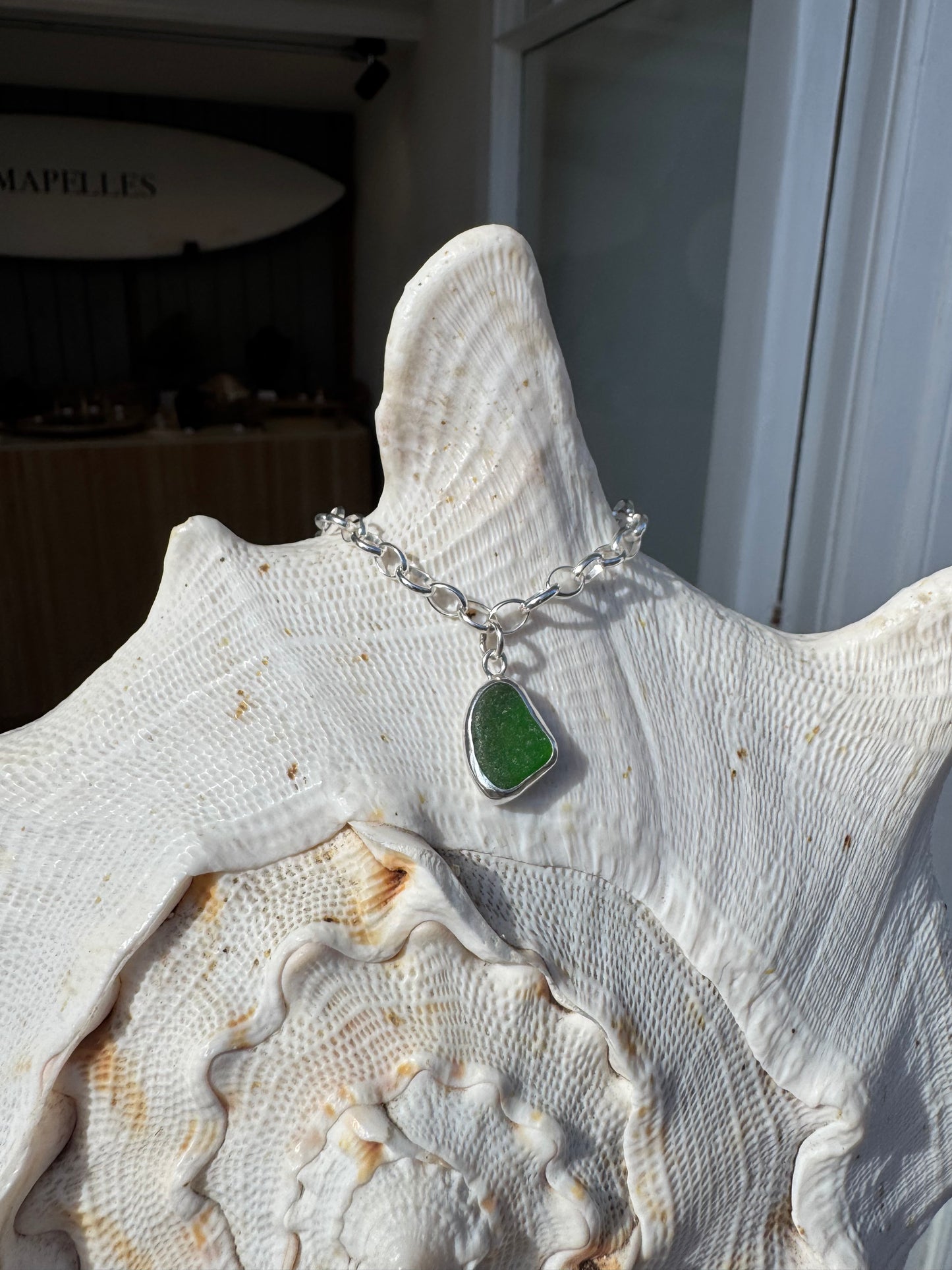 Handmade silver sea gloss bracelet In green