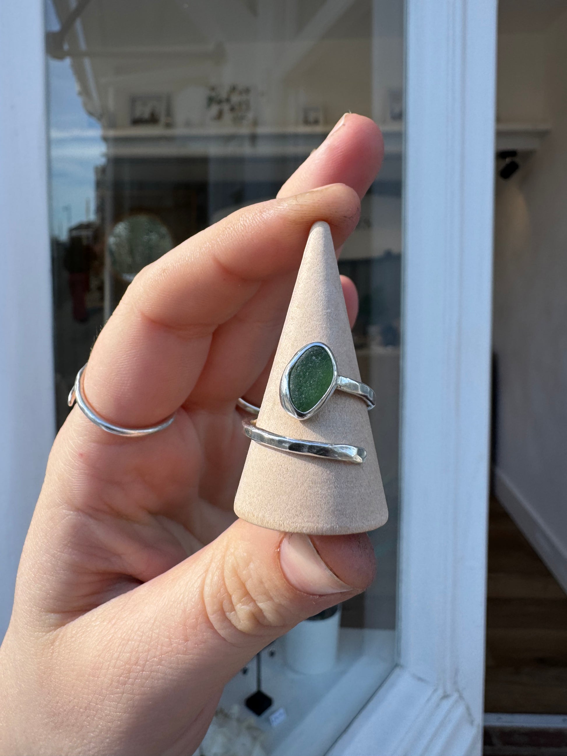 Handmade starting silver green sea glass ring adjustable