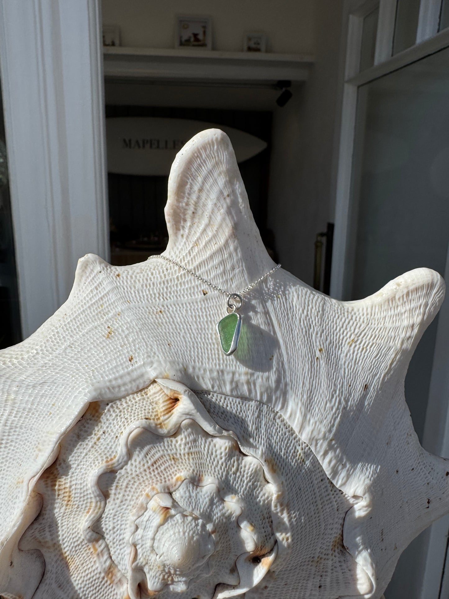 Green sea glass necklace, handmade sterling silver