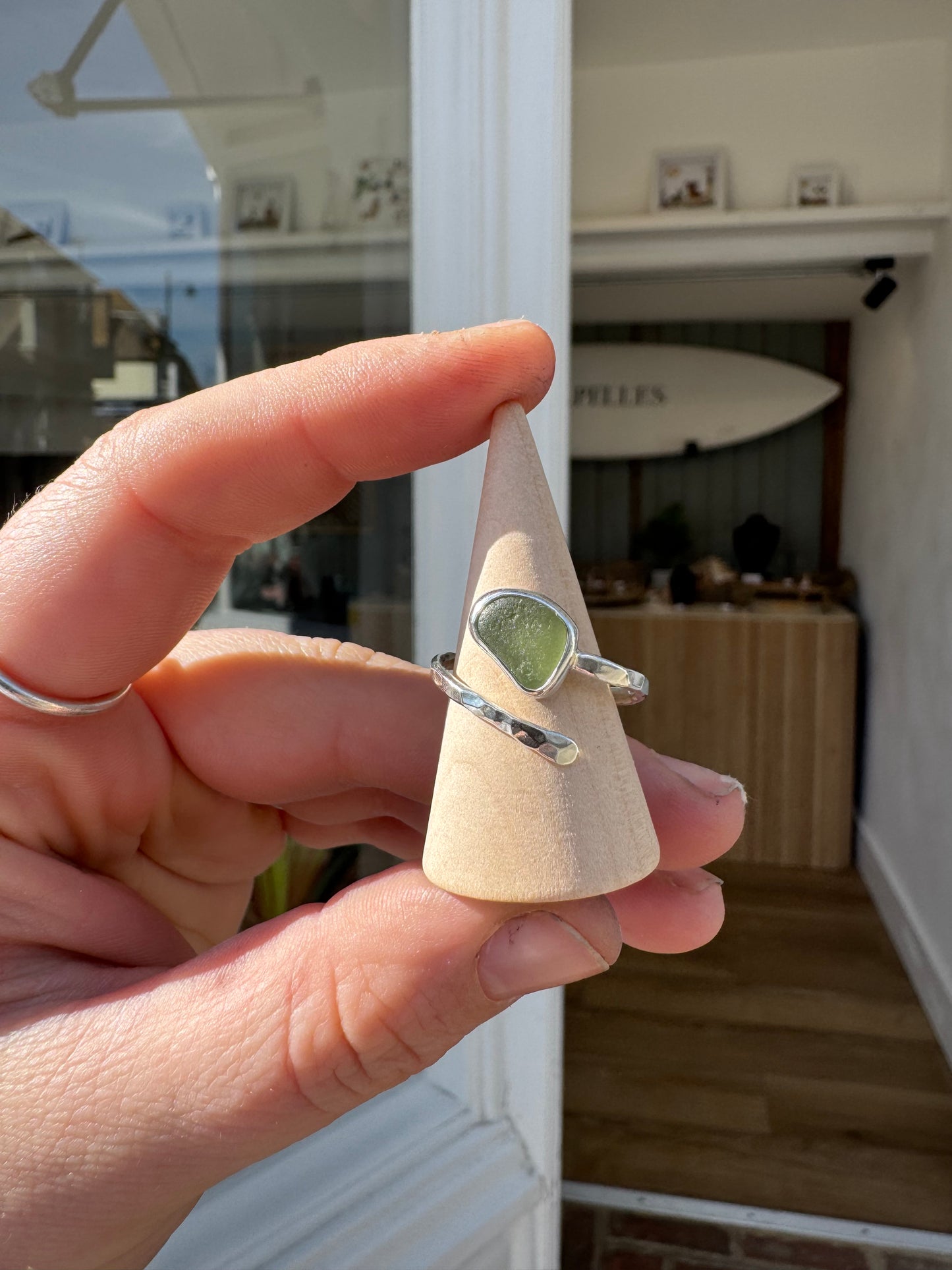 Handmade starting silver ring, sea glass, green