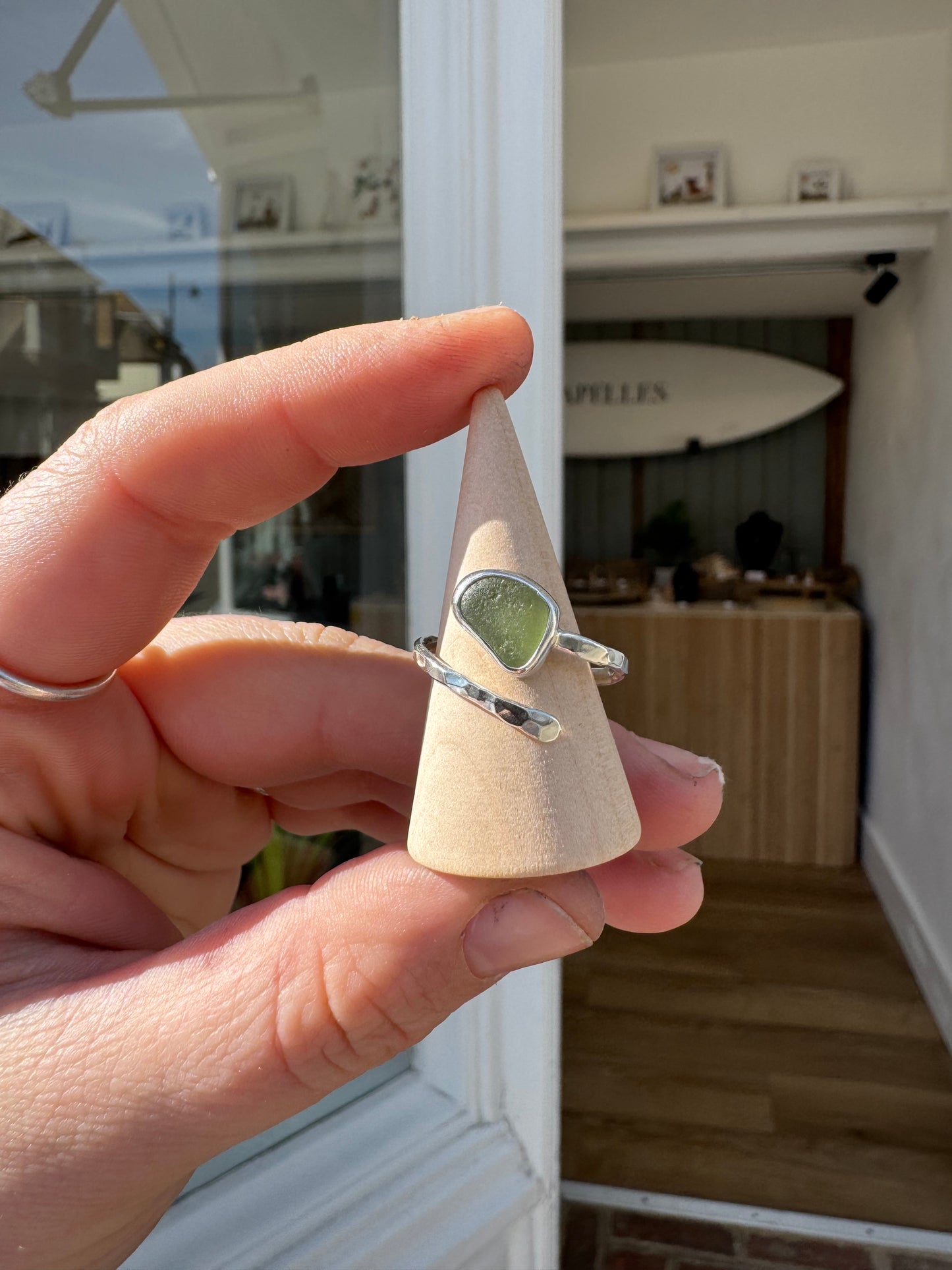 Handmade sea glass ring, recycled stain silver handmade jewellery