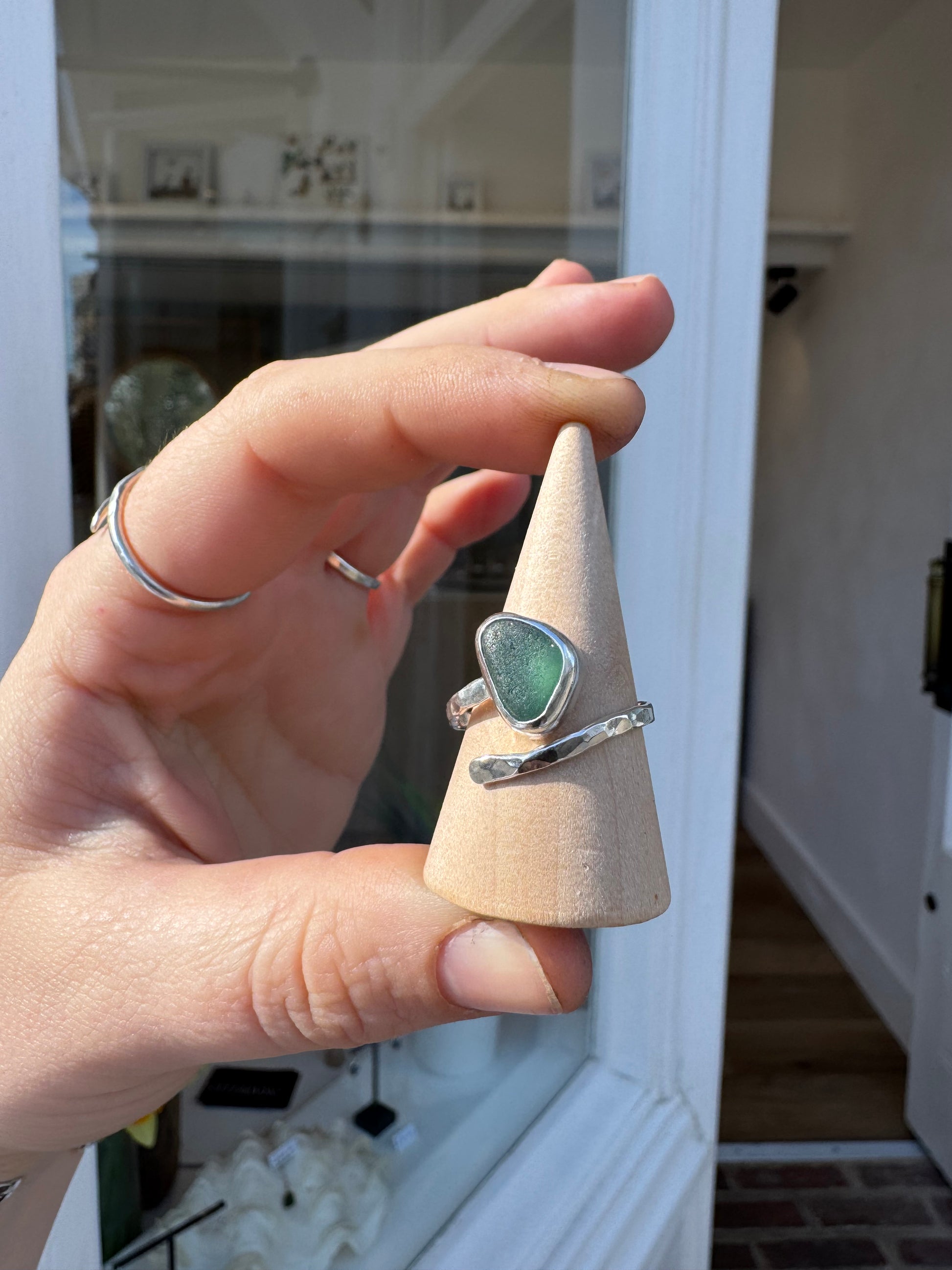 Handmade sterling silver Seaglass ring teal colour 