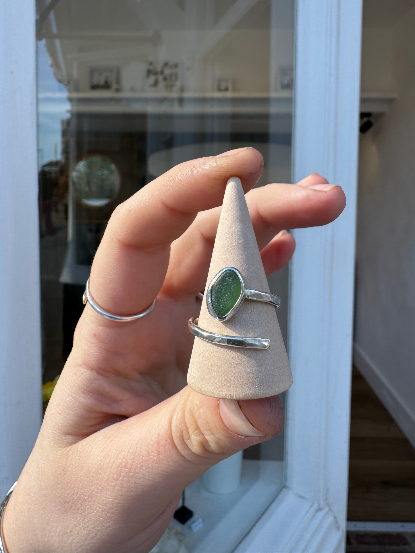 Handmade Green Sea glass ring adjustable sterling silver handmade jewelry