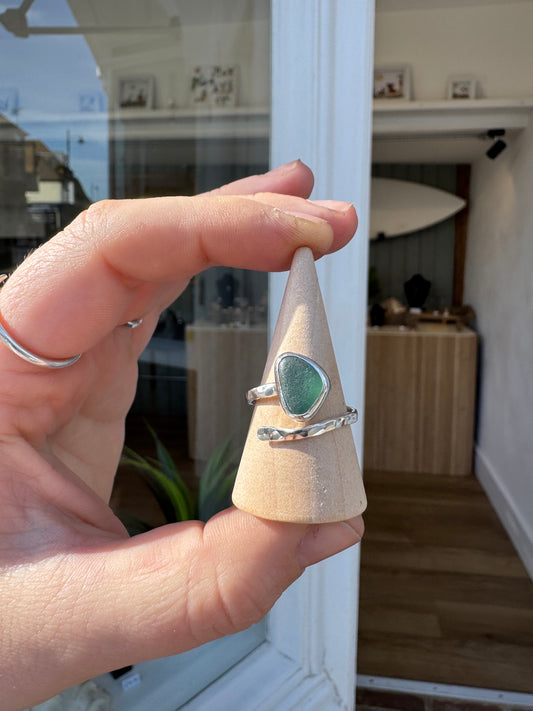 Handmade sterling silver adjustable sea glass ring 