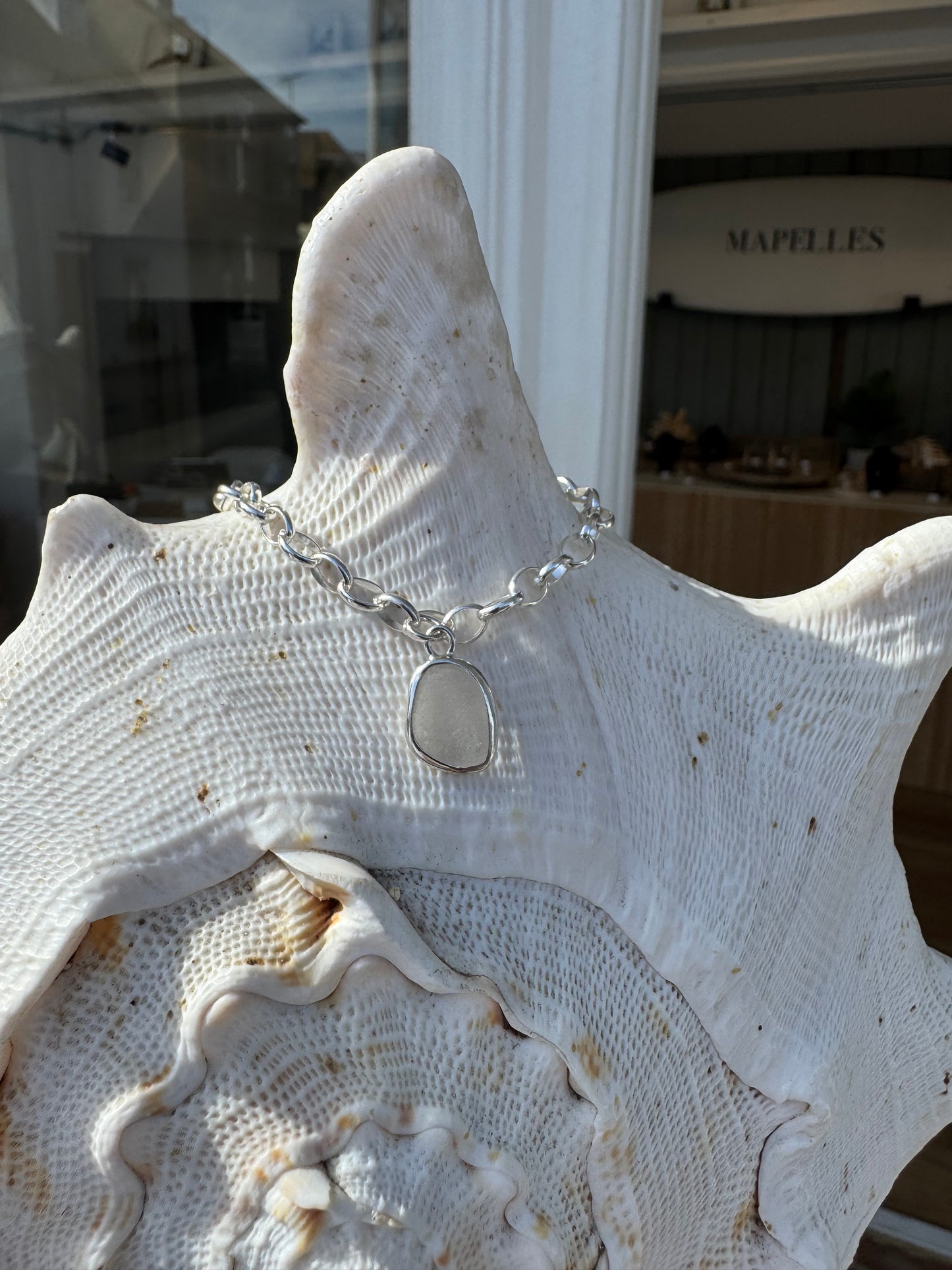 Handmade starting silver sea glass Bracelet white Belcher chain