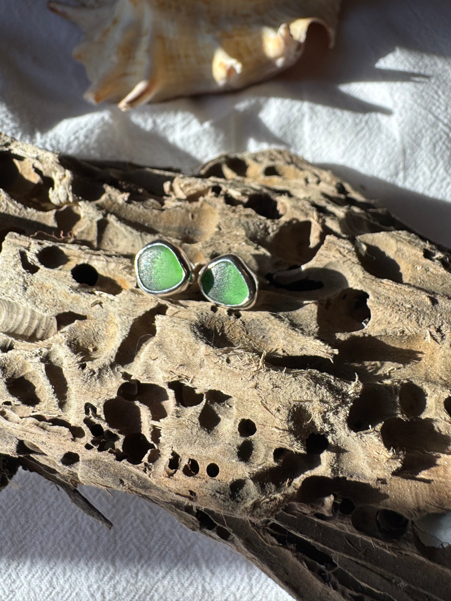 Green seaglass studs