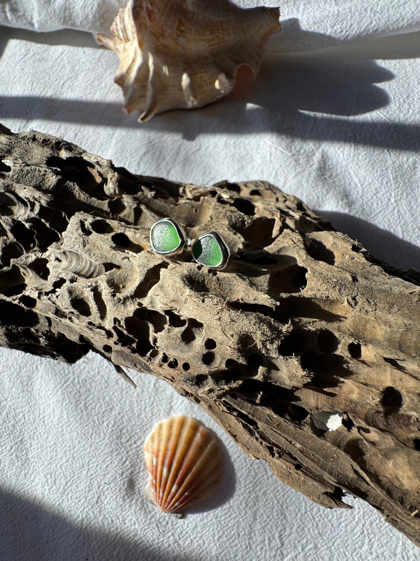 Green seaglass studs