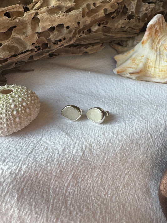 White seaglass studs