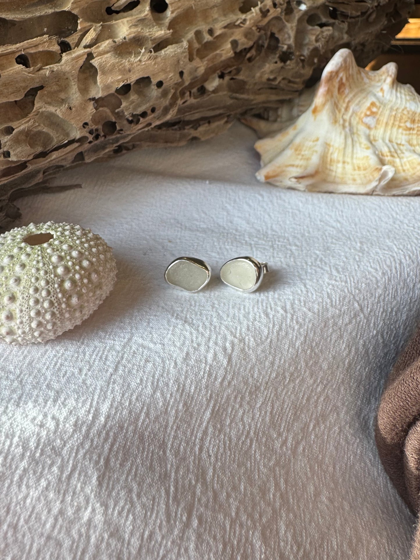 White seaglass studs