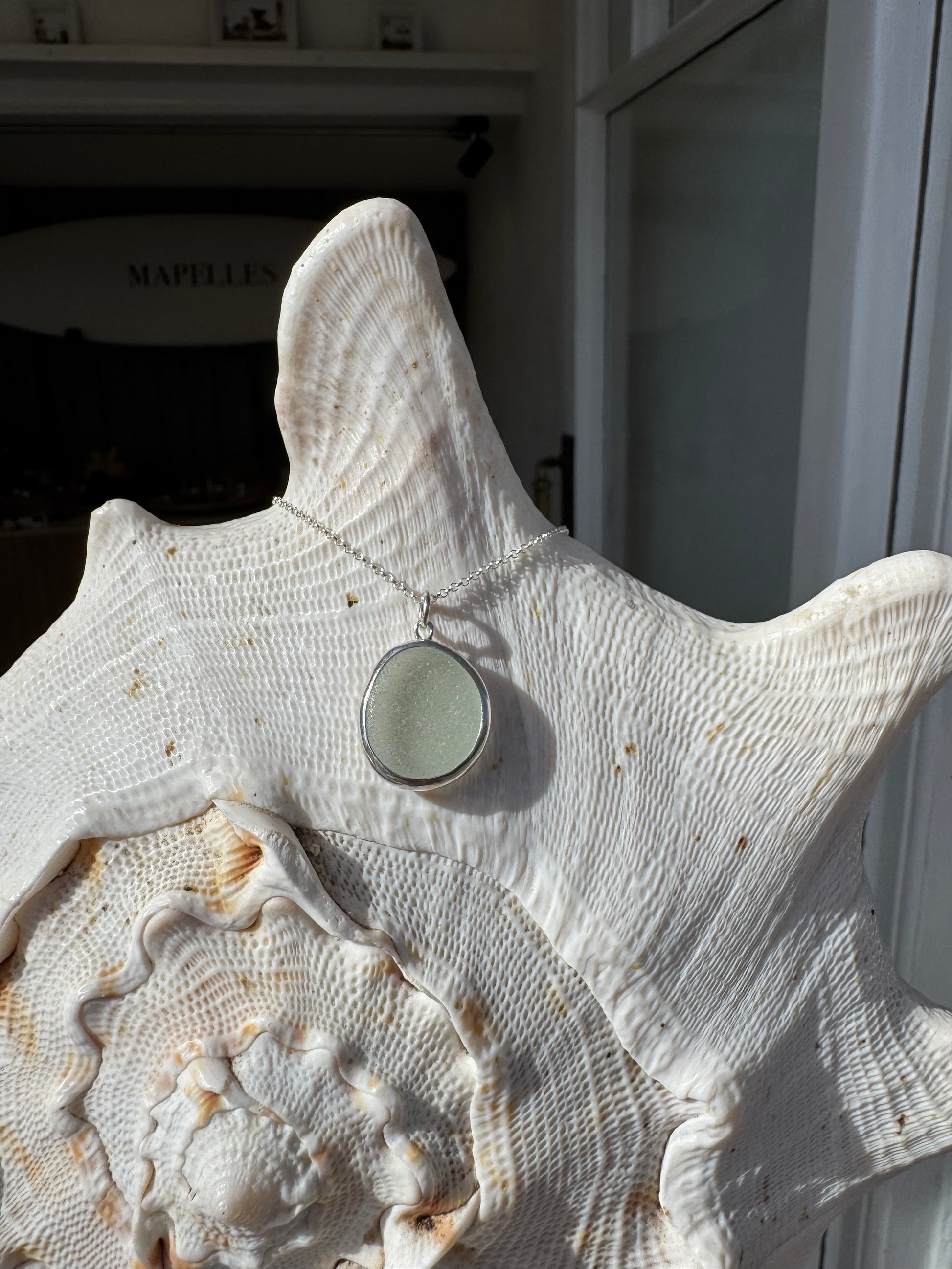 Handmade Sea glass silver necklace, light blue