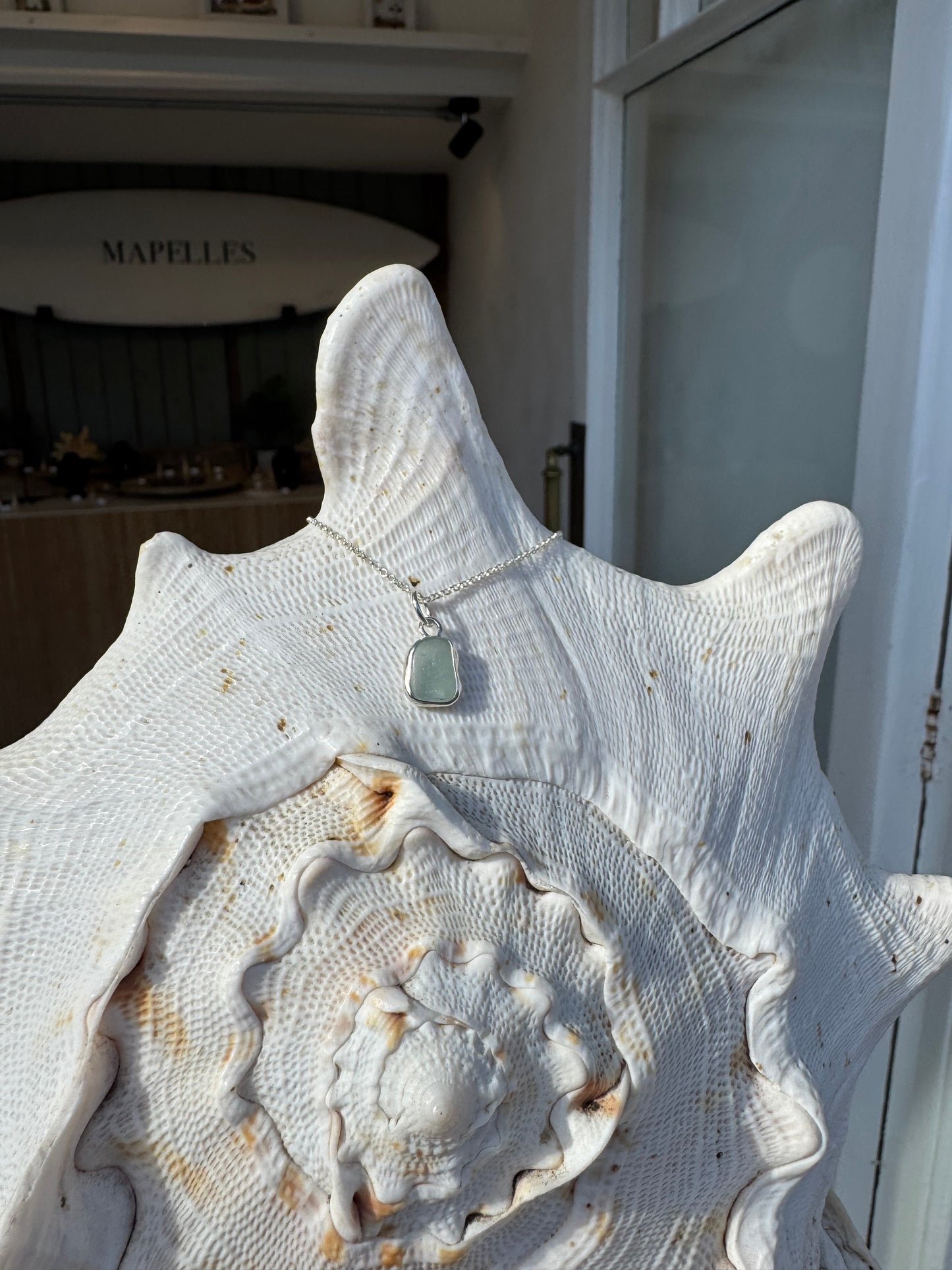 Handmade Sterling silver necklace, light blue sea glass