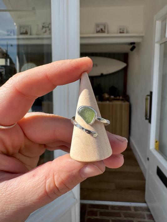 Handmade light green sterling silver sea glass Ring