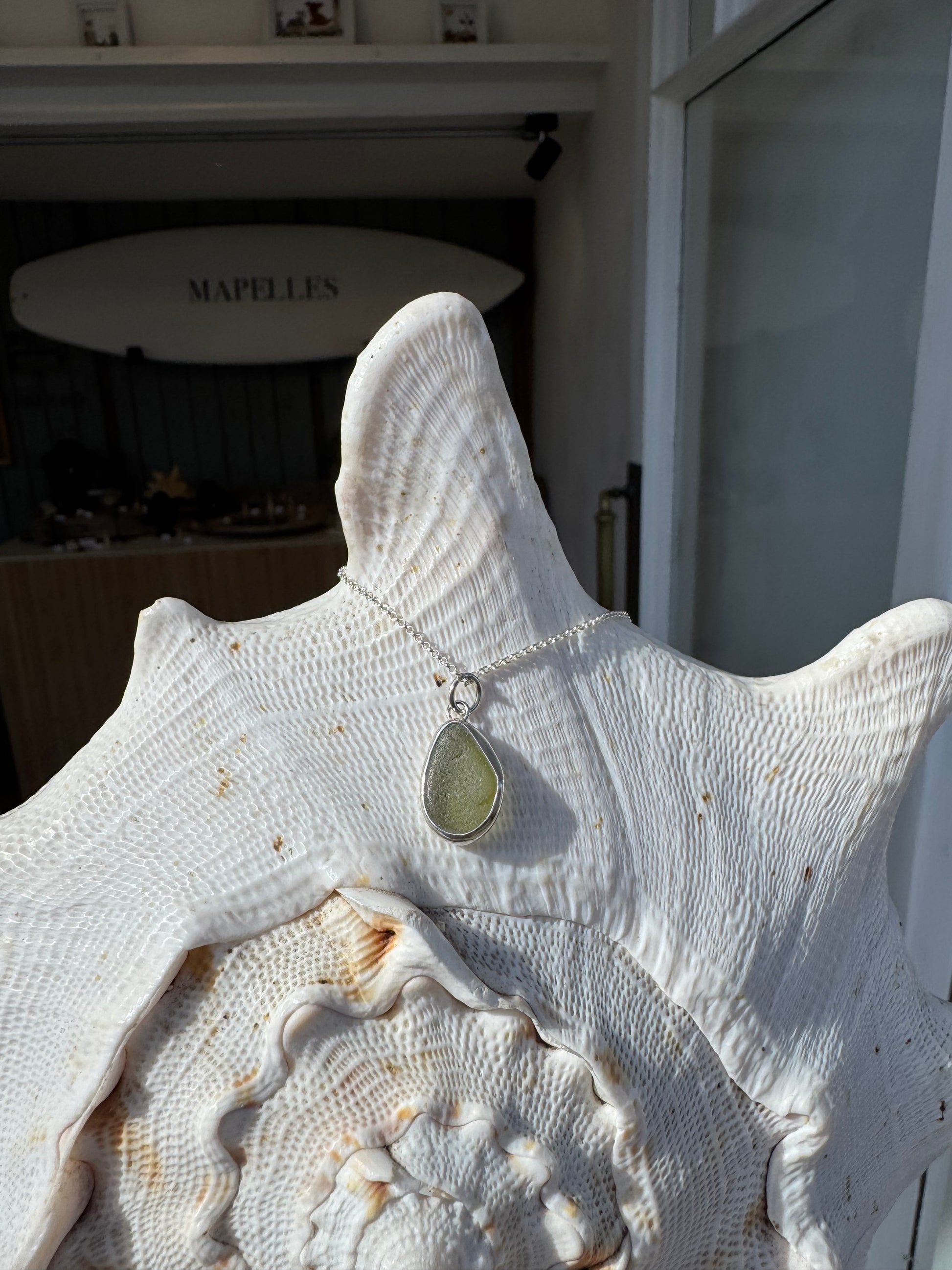 Handmade olives, green sea glass necklace, sterling silver