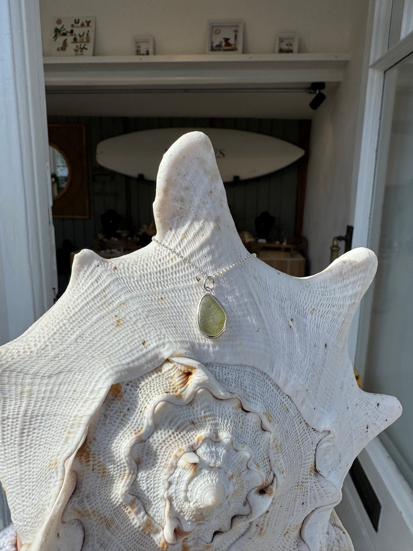 Olive green sea glass necklace, handmade from recycled starting silver