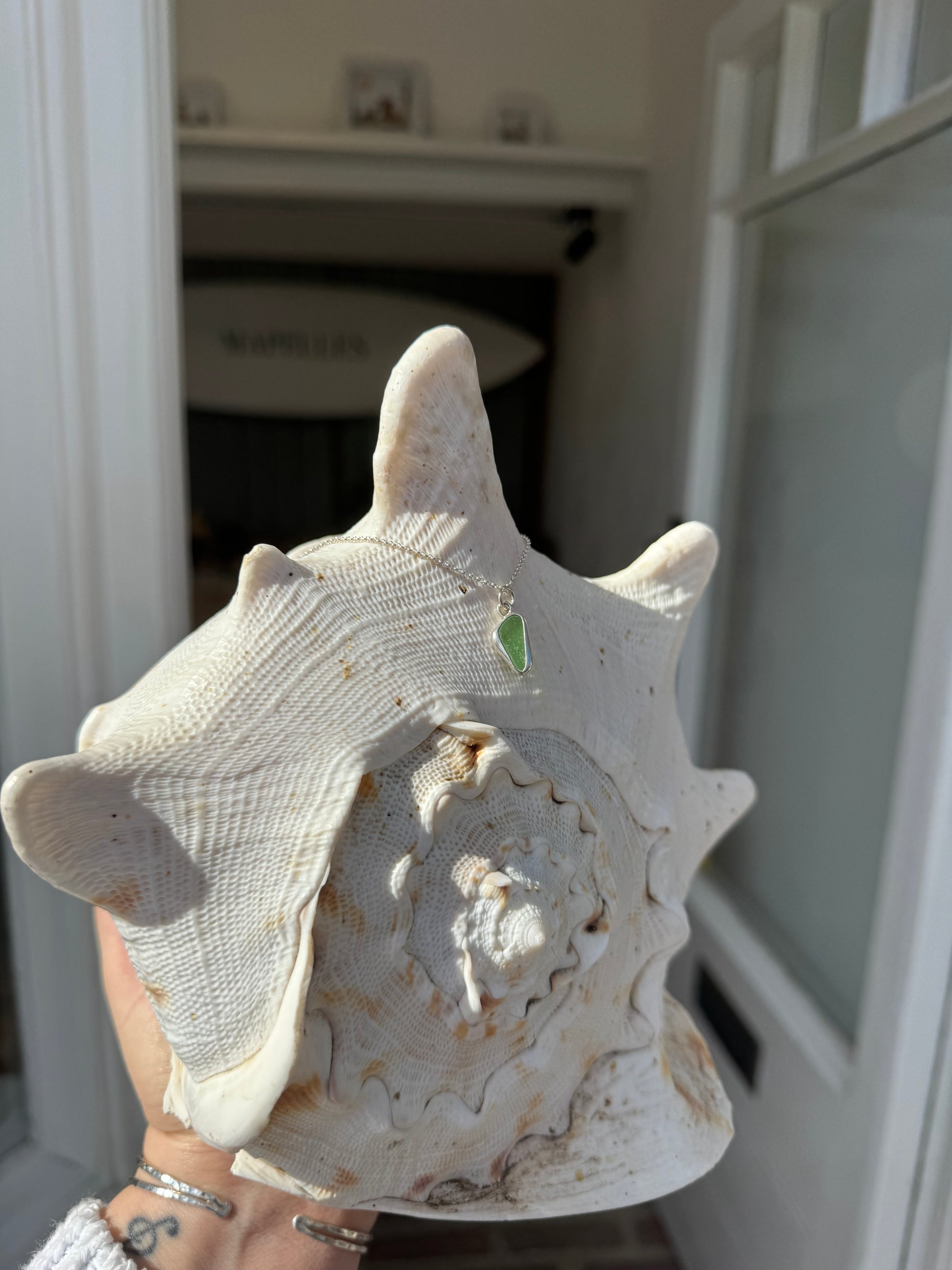 Green Sterling  silver silver handmade sea Glass necklace