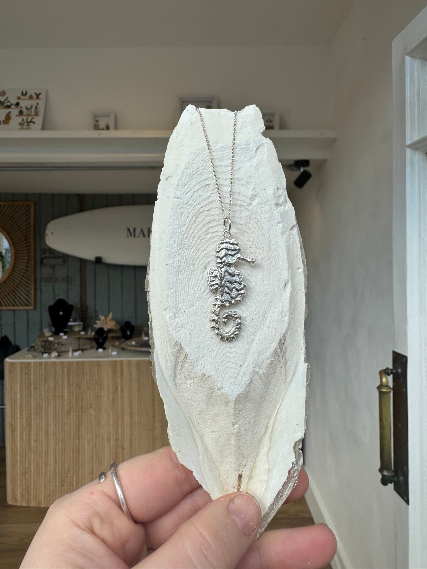 Cuttlefish casted Sterling silver handmade seahorse necklace