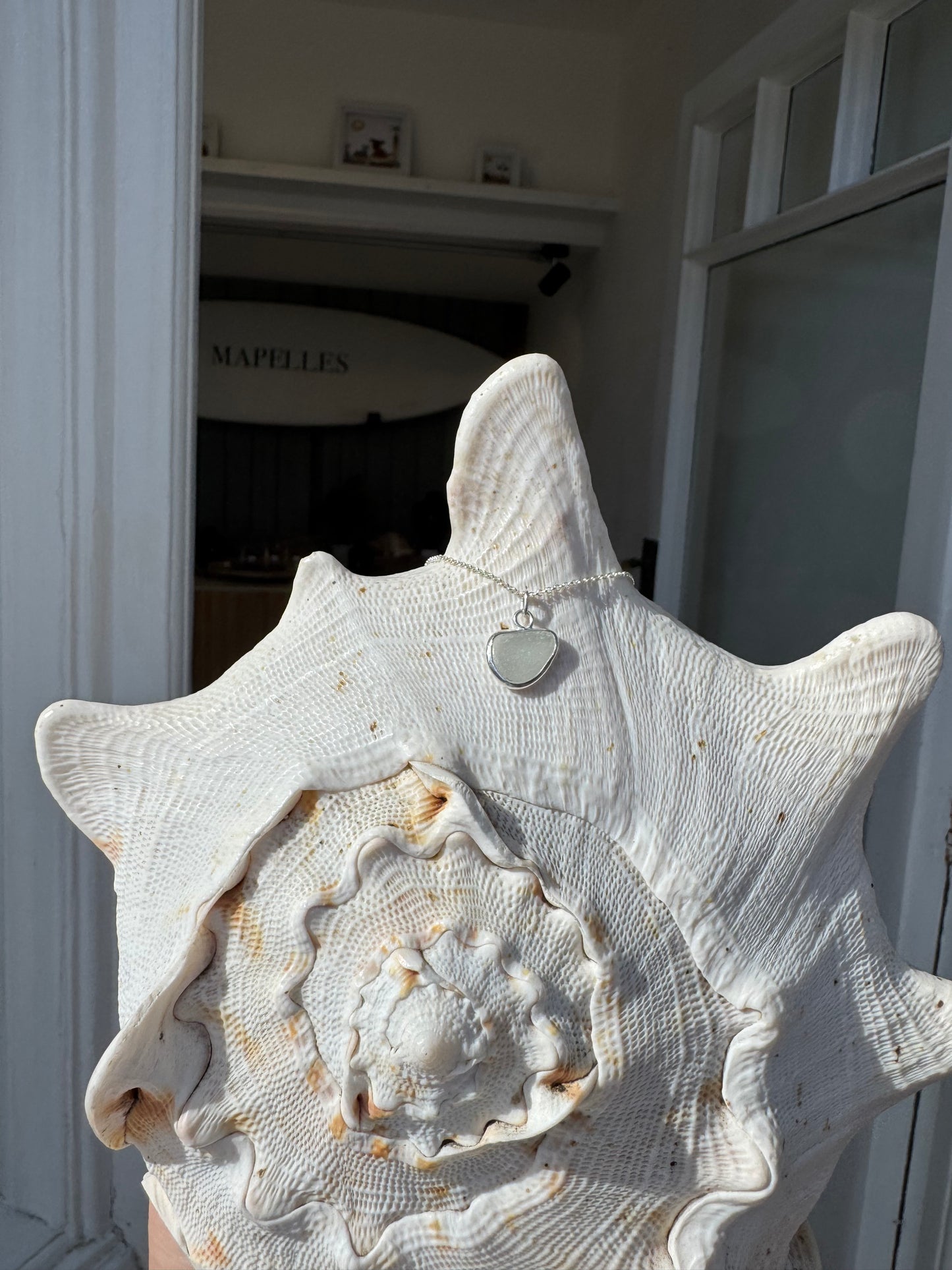 White sea glass necklace, handmade sterling silver