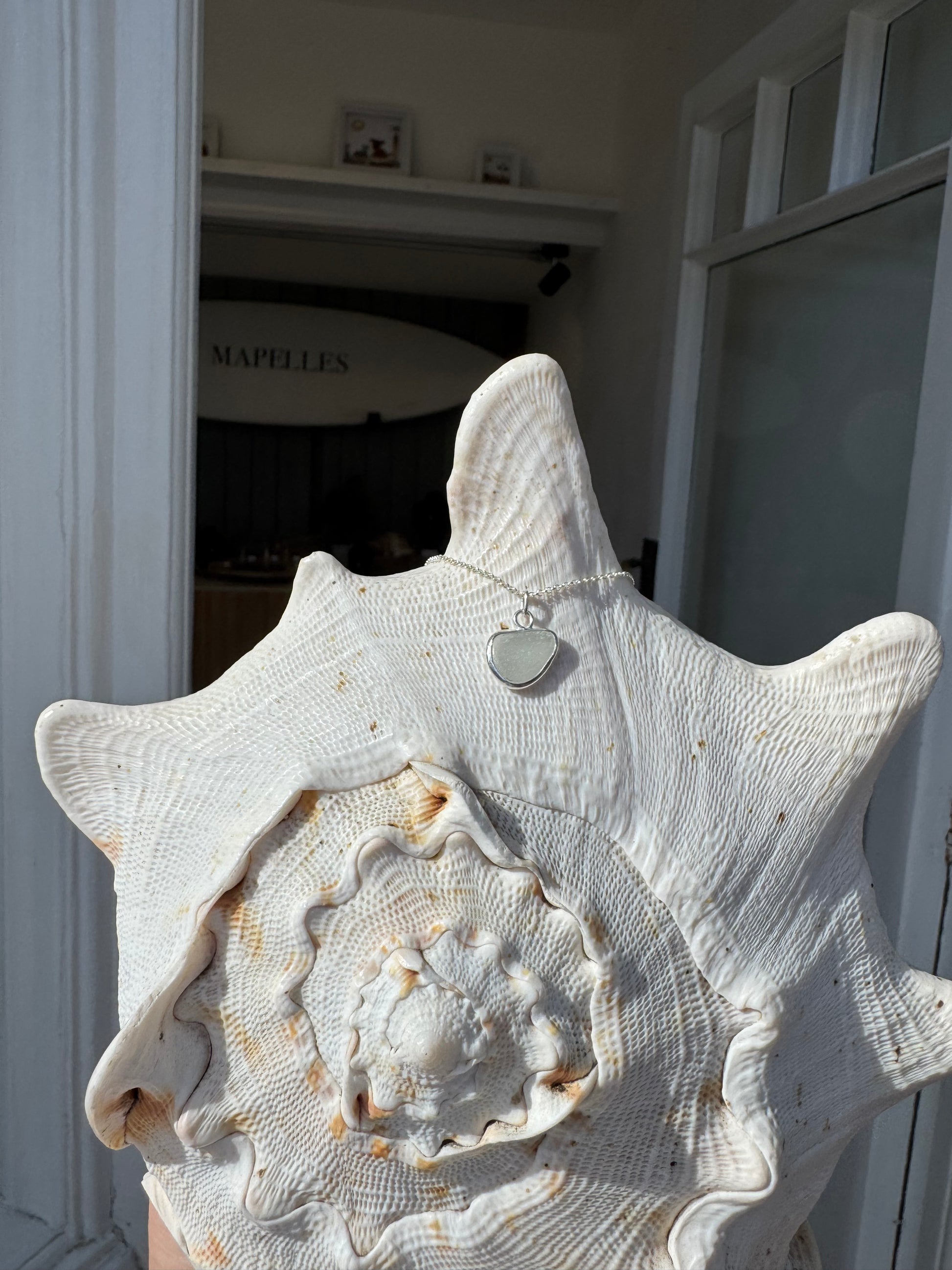 White sea glass necklace, handmade sterling silver