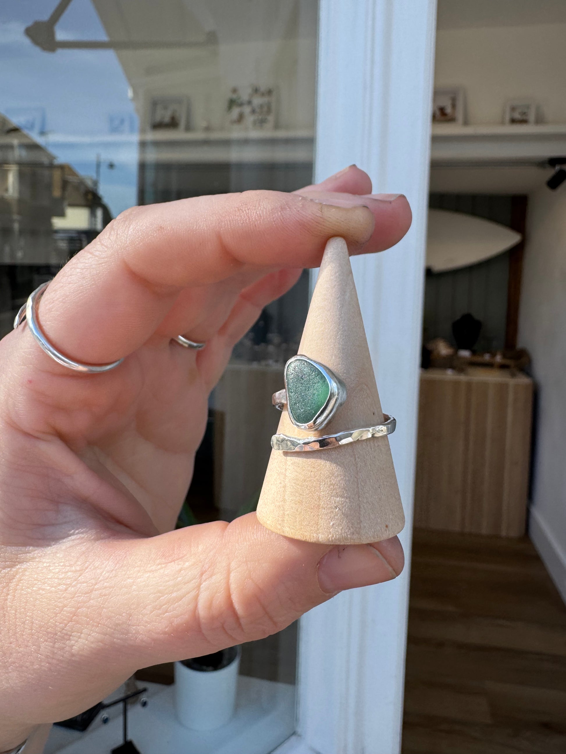 Handmade sterling silver teal Seaglass ring handmade jewellery 