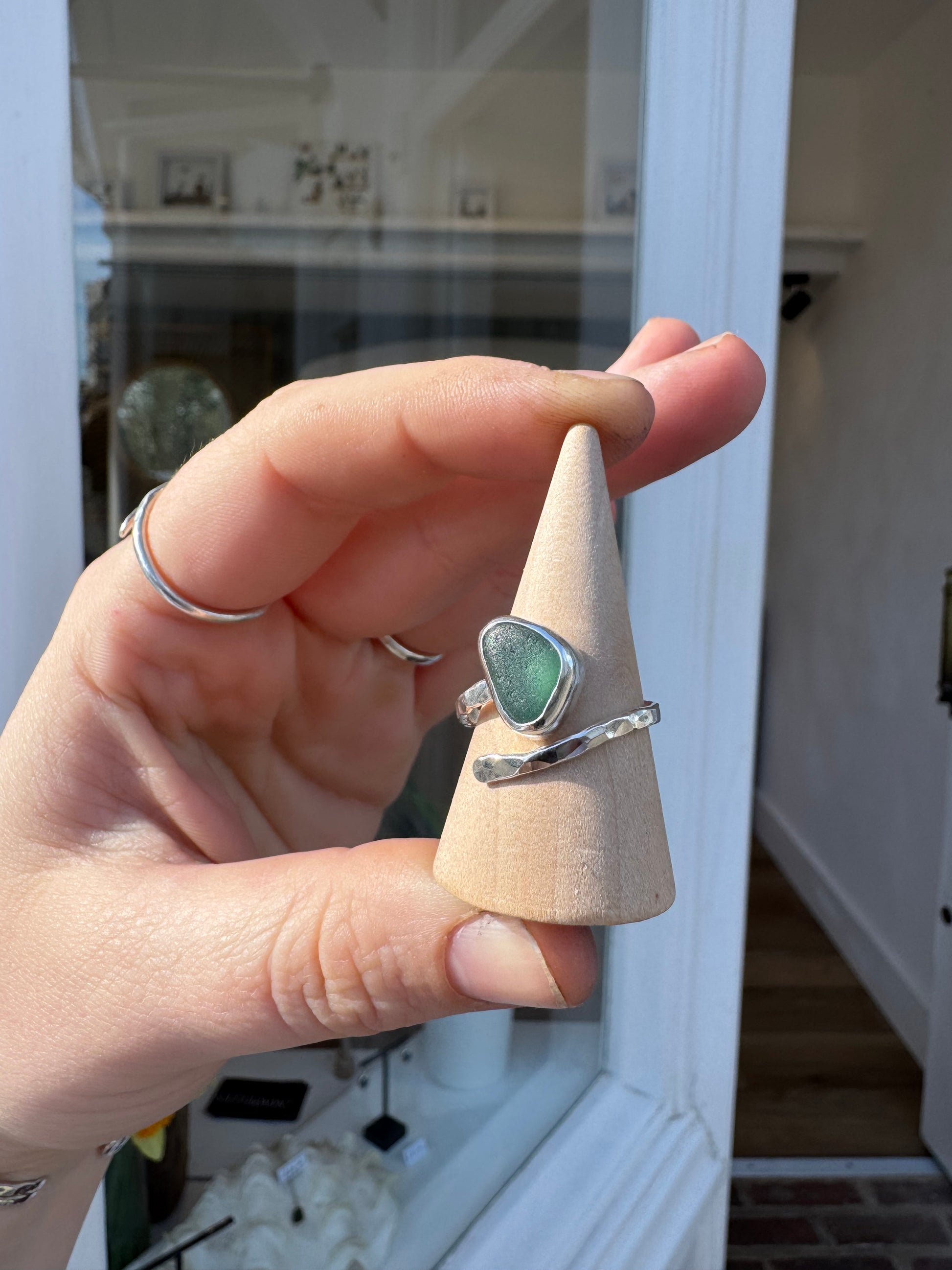 Handmade sterling silver Seaglass ring teal 