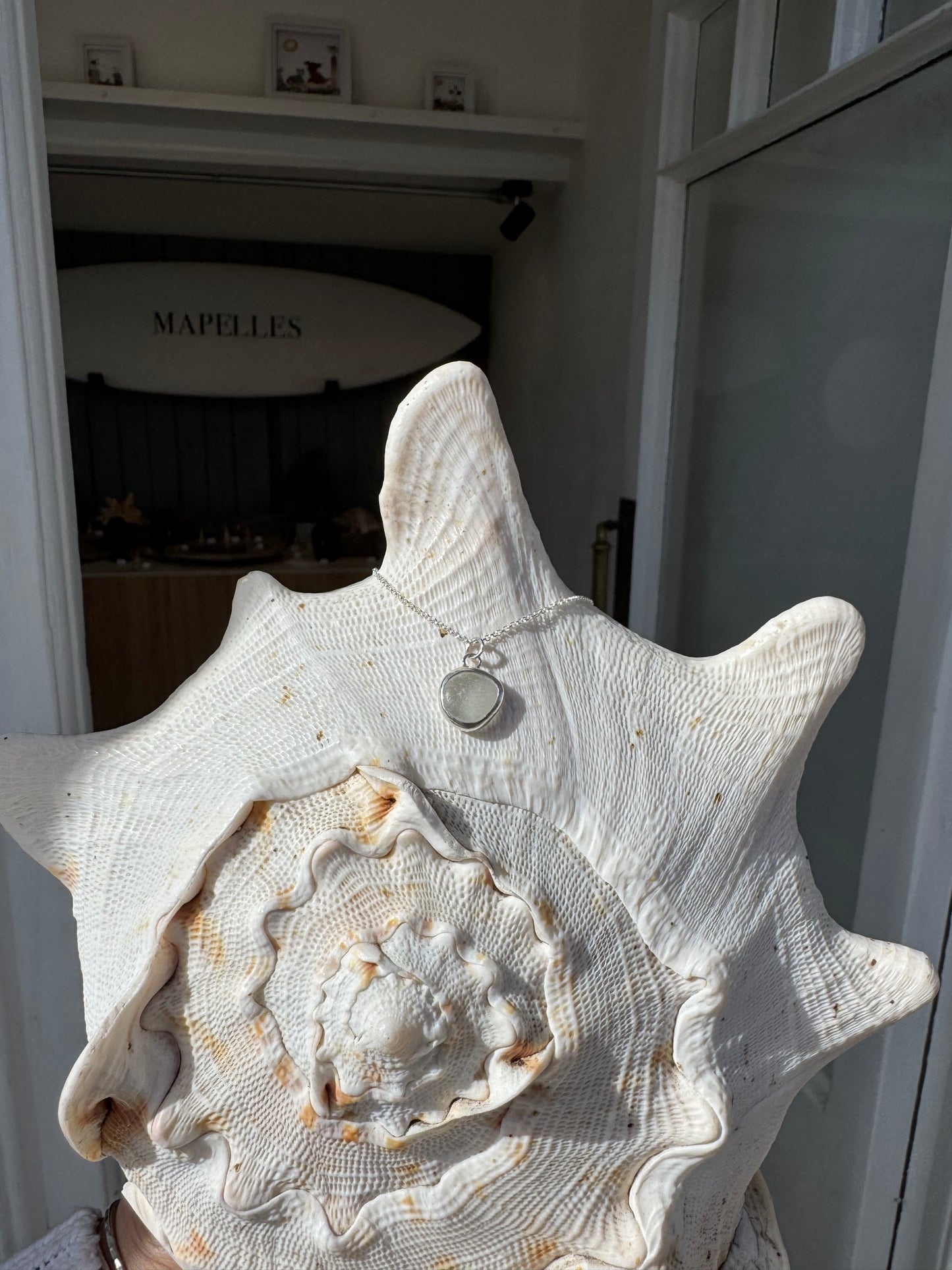 Handmade sterling silver white sea glass necklace