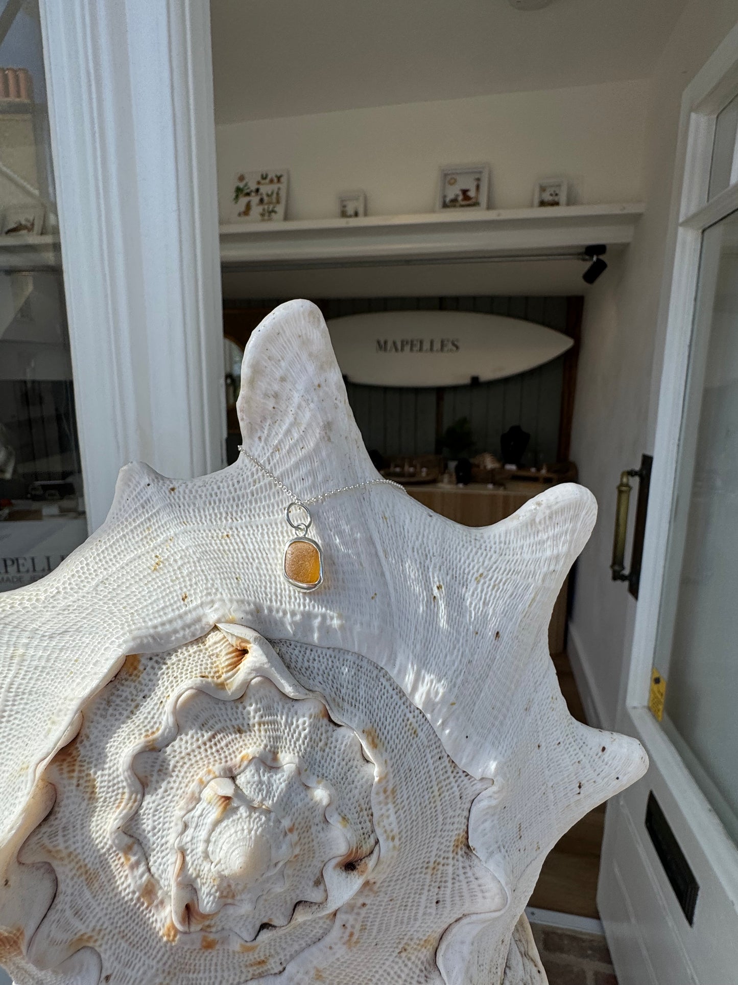 Handmadesea Glass  necklace, yellow sterling silver