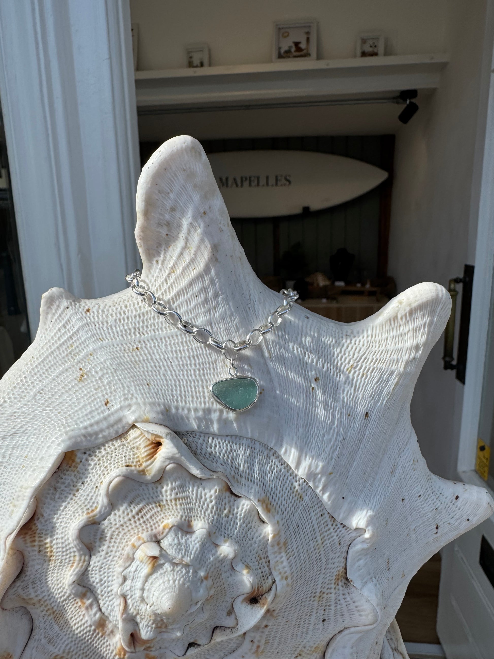 Handmade Sea glass, Sterling silver bracelet blue